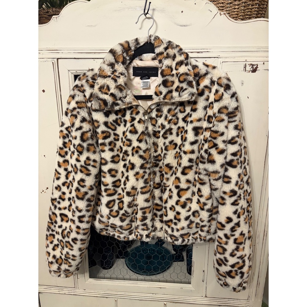 Know One Cares Leopard Faux Fur Jacket GSJ566B Tan Black Animal Print Small